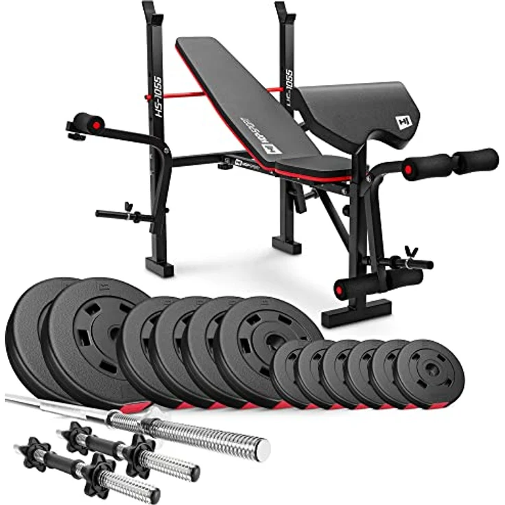 Hop-Sport zusammenklappbare Hantelbank HS-1055 mit Curlpult, Butterfly und Beincurler Inkl. 38 kg - 129,5 kg Hantelset zur Wahl Lang-, Curl- & Kurzhantelstange (38 kg) – Bild 1