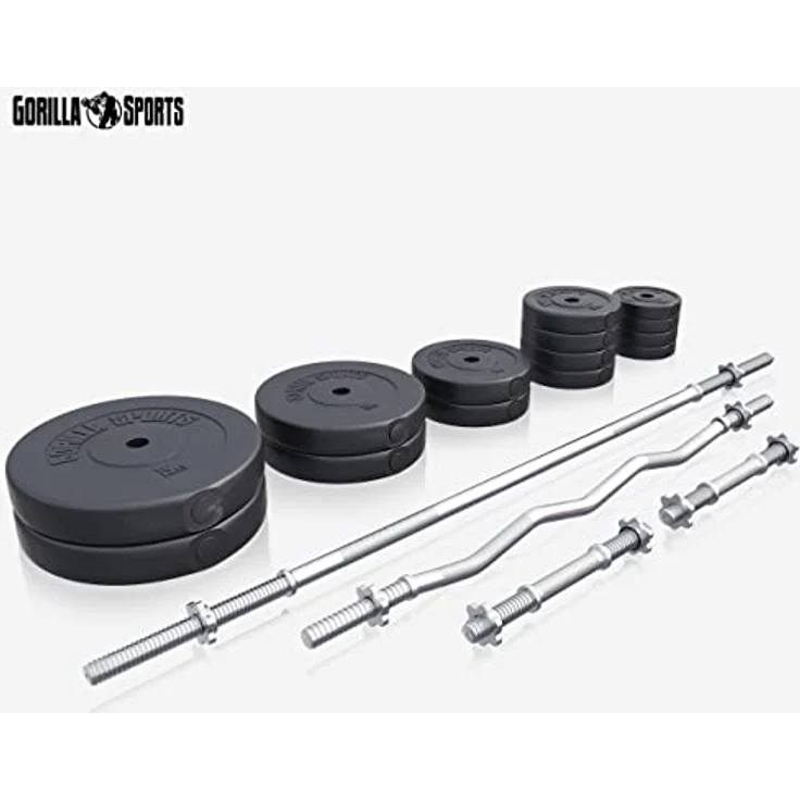 GORILLA SPORTS® Hantelset - 100kg, Langhantelstange 170 cm, Curlstange 120 cm, 2 x Kurzhanteln 30mm, Gewichte 4x1,25kg / 4x2,5kg / 2x5kg / 2x10kg / 2x15kg, 8 Sternverschlüssen, Kunststoff - Hantel Set, Schwarz - Preisvergleich – Bild 2