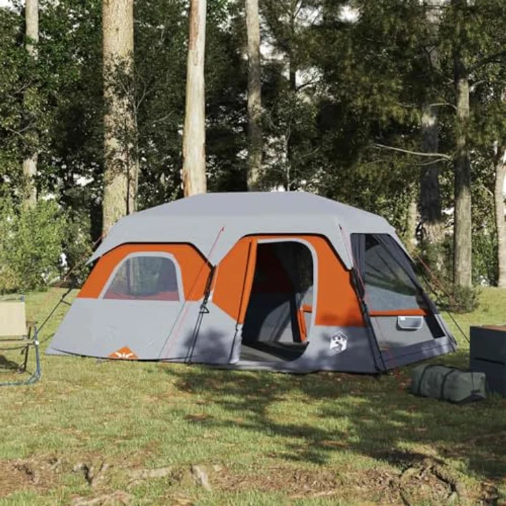 vidaXL Familienzelt 9 Personen, wasserdichtes Campingzelt mit Quick-Release-System, abnehmbarem Überzelt und Insektenschutz, Grau Orange – Bild 2
