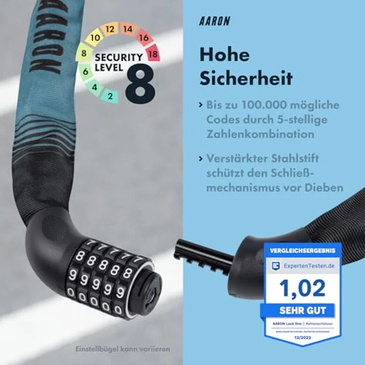 AARON Lock One Fahrradschloss, 100 cm Kettenschloss mit 5-stelligem Zahlencode, hochsicher in grau-blau für E-Bike, Mountainbike, Trekkingrad, Tourenrad, Rennrad – Bild 4