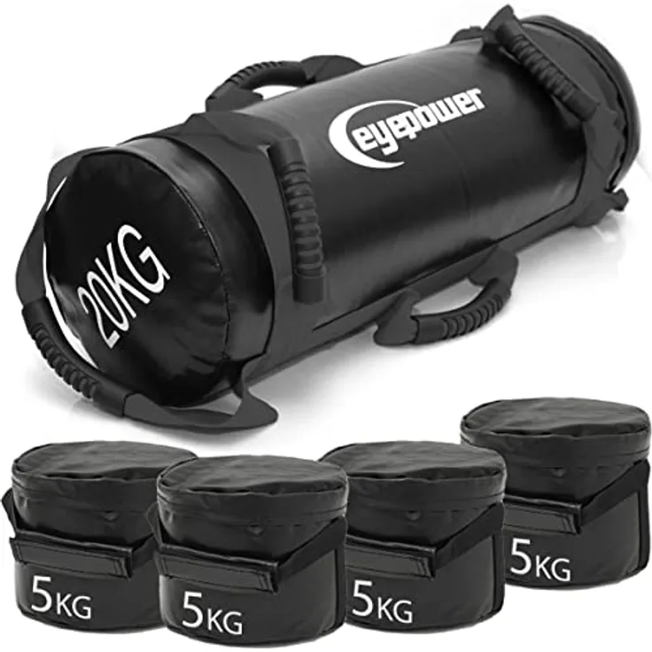 eyepower 20kg Profi Power Bag + 4 Wasserdichte Kettlebell Gewichte mit Eisensand - Besser als Geräte: 6 Griffe Fitness Sandbag für Zuhause - 20x60 Home Training Gewichtssack - Bauch- und Rückentrainer