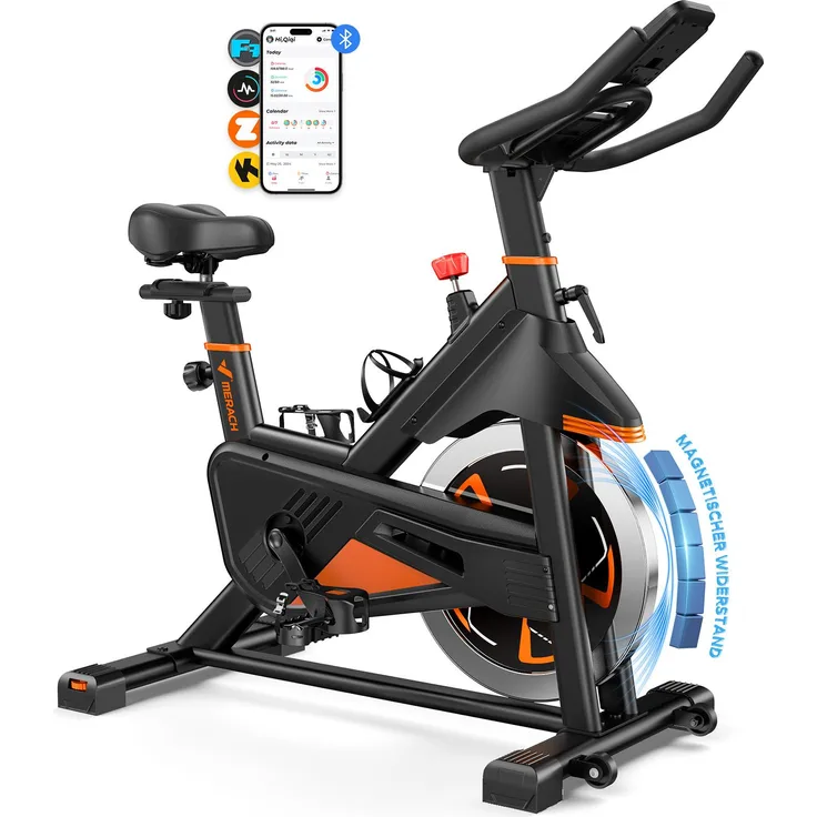 Merach Magnetischer Heimtrainer, Fitnessbike für Zuhause mit LCD, Tablet-Halter, 0–100 % Widerstand, verstellbar, bis 180 kg, kompatibel mit Kinomap/Zwift