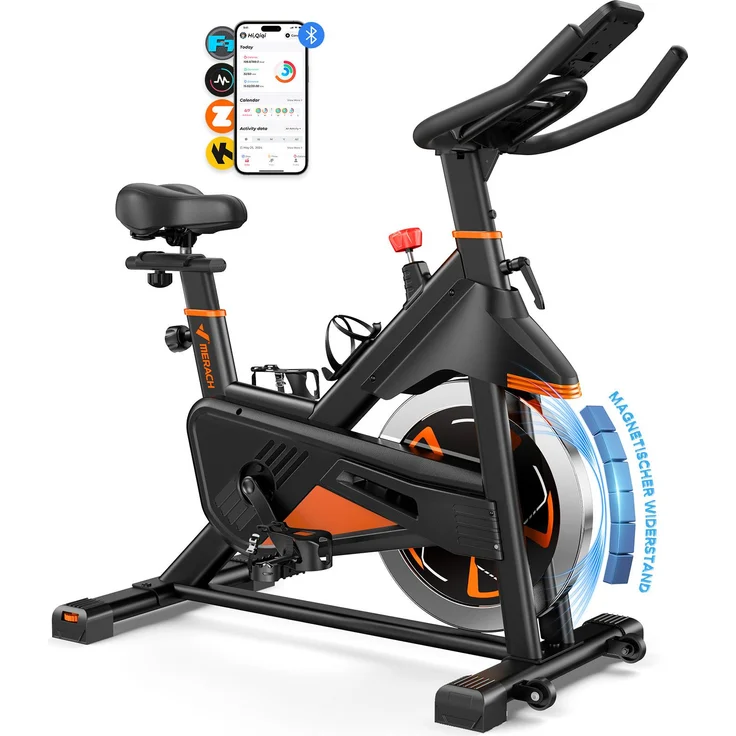 Merach Magnetischer Heimtrainer, Fitnessbike für Zuhause mit LCD, Tablet-Halter, 0–100 % Widerstand, verstellbar, bis 180 kg, kompatibel mit Kinomap/Zwift
