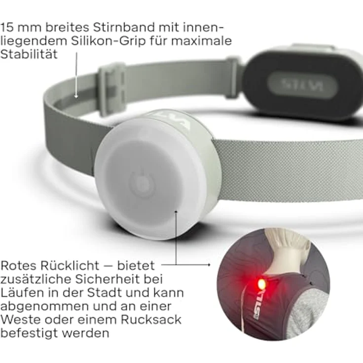 Silva Smini Stirnlampe, LED Wiederaufladbar USB C, 250 Lumen, 3 Helligkeitsstufen, Weiß & Rot, 53 Gramm, IPX5 wasserdicht, Batterieanzeige, inkl. Stirnband und Rücklicht – Bild 5