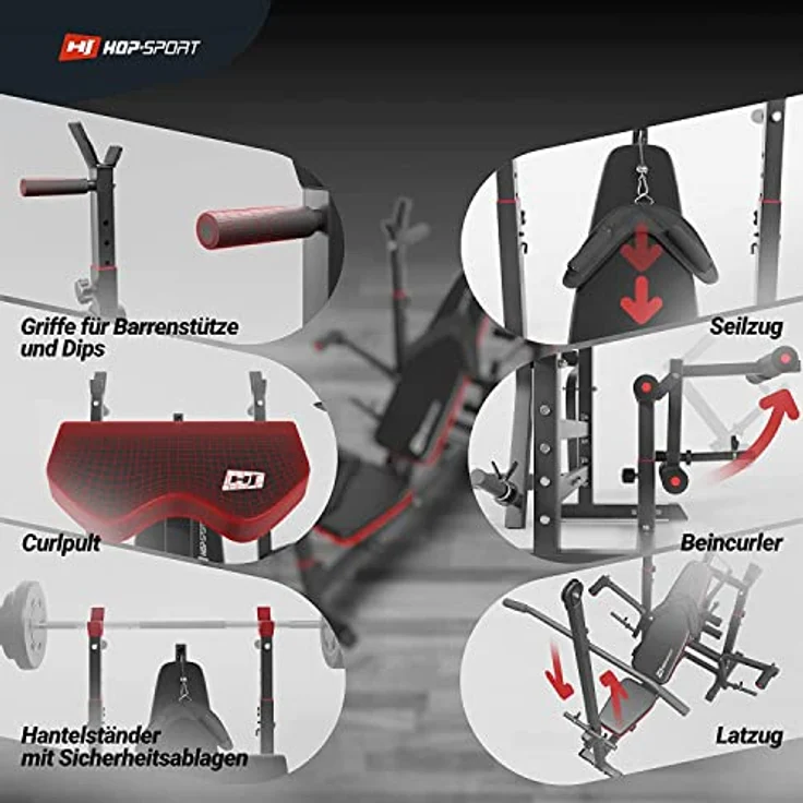 HS HOP-SPORT Hantelbank Kraftstation 1075 mit Latzug, Curlpult, Butterfly und Beincurler, stabil bis 170 kg, in Schwarz – Bild 5