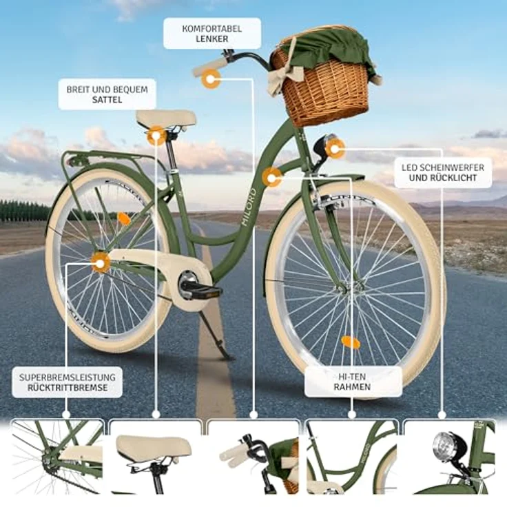 Milordbikes City-Fahrrad, Grün, Metall, 46 cm, leichtgängige 700C Reifen, 17 kg, inkl. Träger und Werkzeug – Bild 2