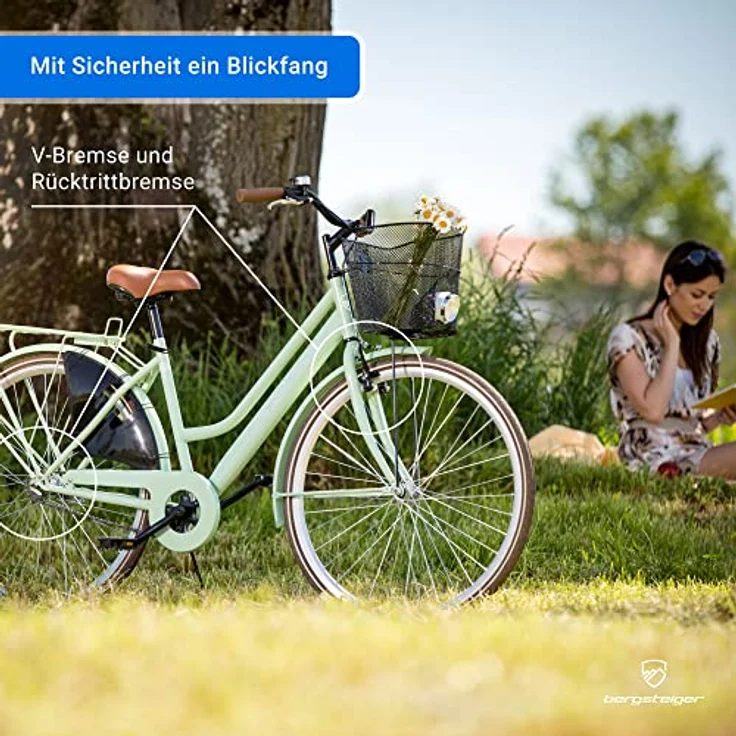 Bergsteiger Amsterdam Damenfahrrad 26 Zoll, 28 Zoll, ab 150 cm, mit Korb, Fahrrad-Licht, Rücktrittbremse - Retro-Design, blau – Bild 4