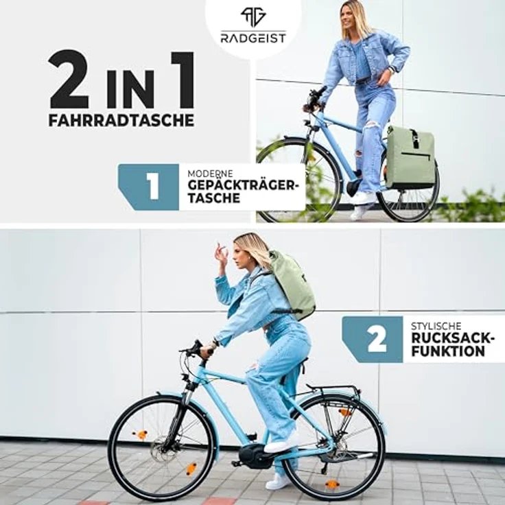 RADGEIST Fahrradtasche für Gepäckträger, 20L Rucksack & Umhängetasche in Mint, wasserdicht, mit Laptopfach, für Damen & Herren – Bild 2