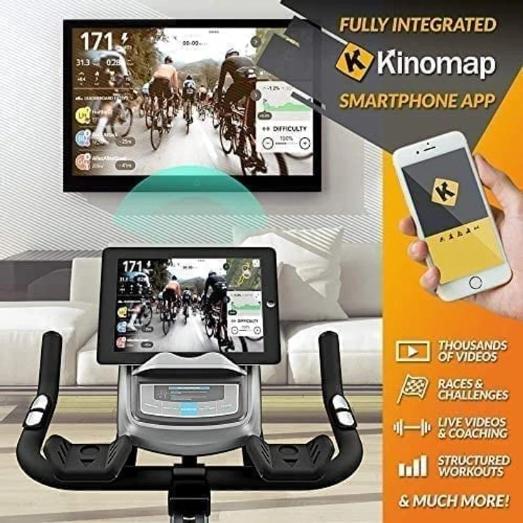 Bluefin Fitness Tour SP Hometrainer Bike | Heimtrainer SP Speed Fahrrad Trainingsfahrrad | Kinomap Smartphone App - Live Video Coaching & Training | Bluetooth | Schwarz & Grau Silber – Bild 2