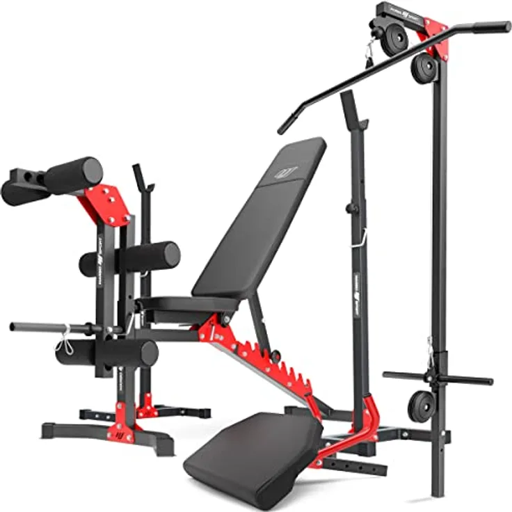 Marbo Sport Sport-Set MH25 – verstellbare Hantelbank, 2-teiliger Langehantelständer, Latzug, Curl-Bank, Beintrainer - Schwarz
