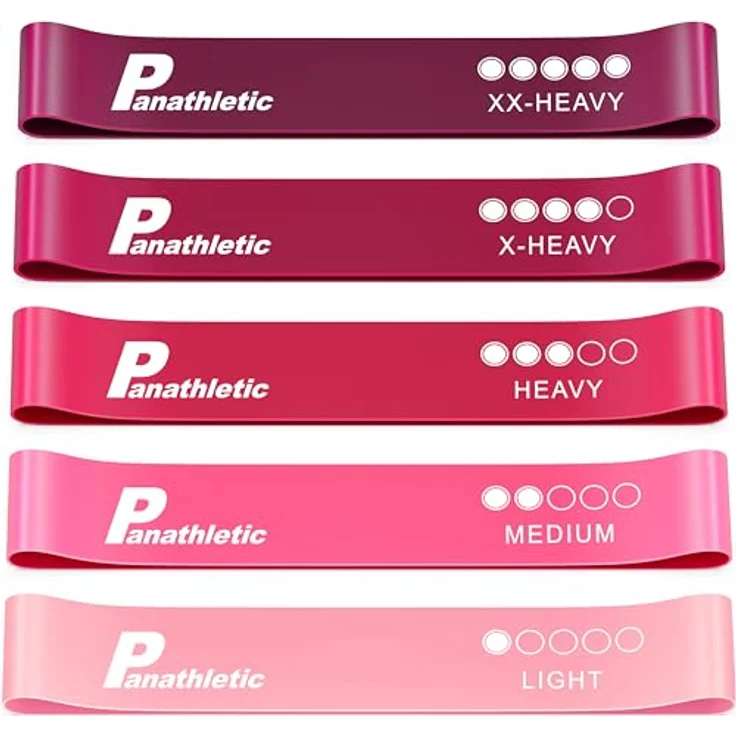 Panathletic Fitnessbänder 5er Set, 5 verschiedene Stärken, Übungsanleitung, E-Book auf Deutsch, Tragebeutel, 100% Naturlatex – Bild 1