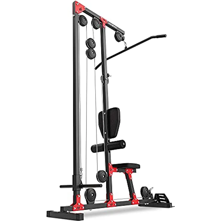 Marbo Sport Latzugstation MH-W106 2.0 | Einstellbare Polsterrollen, Hantelscheibenbeladung, Rückenstützte und Zusatzrad, Rutschfeste Podeste | Made in EU – Bild 3