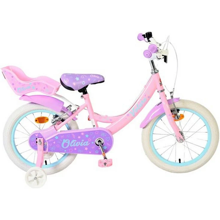 Volare Olivia Kinderfahrrad 16 Zoll Rosa – zwei Handbremsen, geschlossener Kettenschutz, abnehmbare Stützräder, höhenverstellbarer Sattel, Puppensitz, Klingel