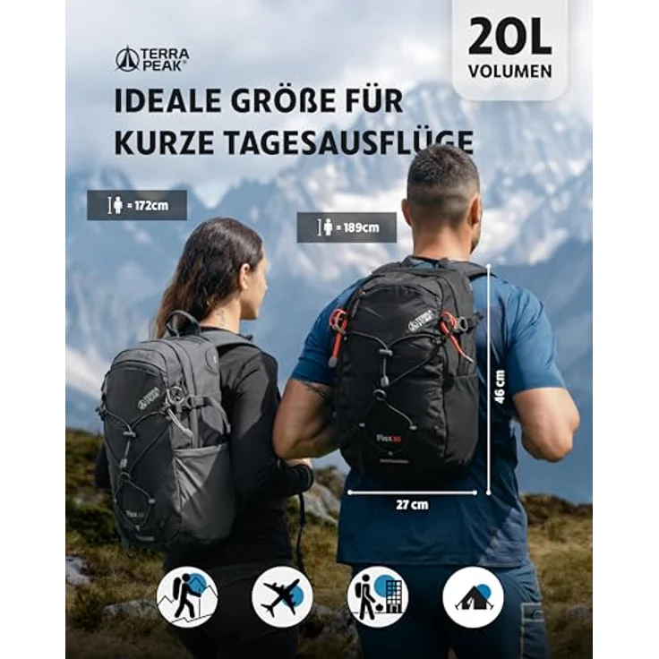 Terra Peak® FLEX 20, Premium Wanderrucksack 20L für Damen und Herren, wasserdicht, mit Trinksystem und Rückenbelüftung, schwarz – Bild 2