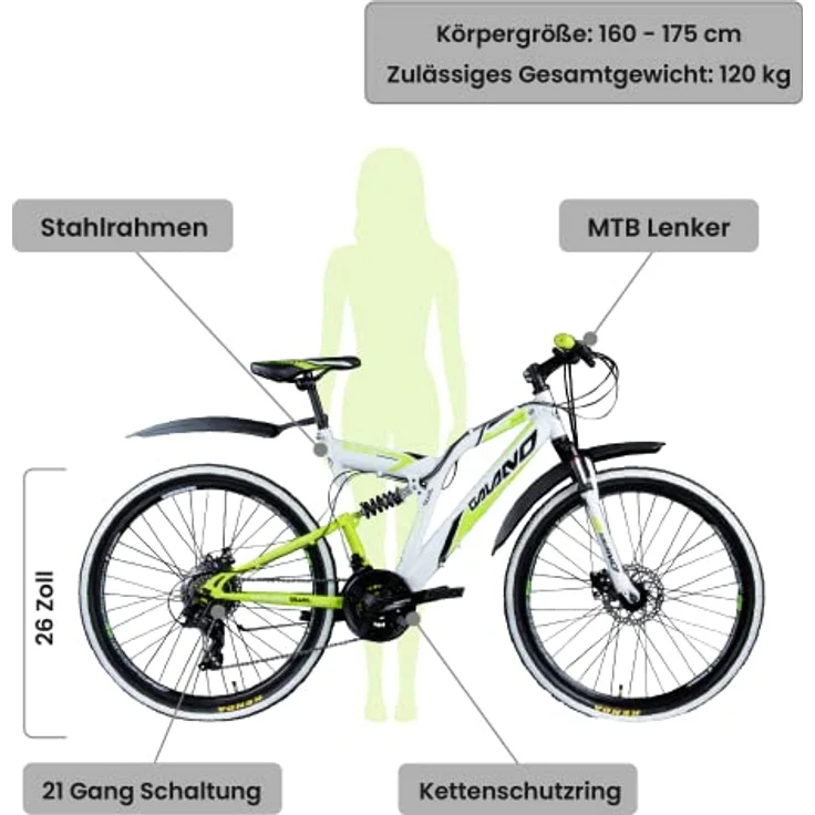 Galano Volt DS Mountainbike Fully, 26 Zoll, 21 Gang, für Jugendliche ab 160 cm, in weiß/grün, schwarz/grün oder schwarz/rot – Bild 2