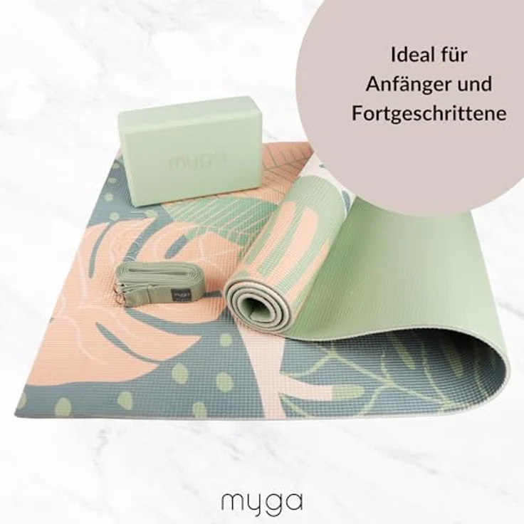 Myga Yoga Starter Kit, Komplettes Set mit rutschfester Yogamatte, Yogablock & Gurt, ideal für Anfänger, Palmen Design – Bild 3