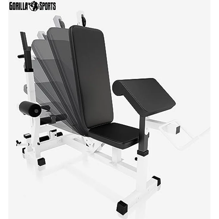 GORILLA SPORTS® Hantelbank mit Gewichten- inkl. 108 kg Hantelset, Verstellbar, mit Langhantel-Ablage, Curlpult und Butterfly, Dip-Station, Beinstrecker - Multifunktion Trainingsbank, Kraftstation, Schwarz – Bild 4