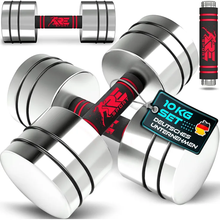 RE:SPORT® 2er Hanteln Set, massive Stahl Kurzhanteln in Rot, 2 x 10kg mit Schaumstoffgriff für Fitness und Muskelaufbau