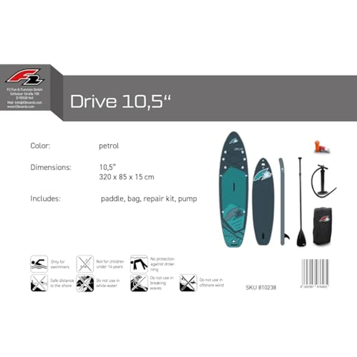 F2 SUP Stand Up Paddle Board Drive 320cm 10,5 Petrol, vielseitig und stabil, inkl. Zubehör und 6" Dropstitch-Material – Bild 6