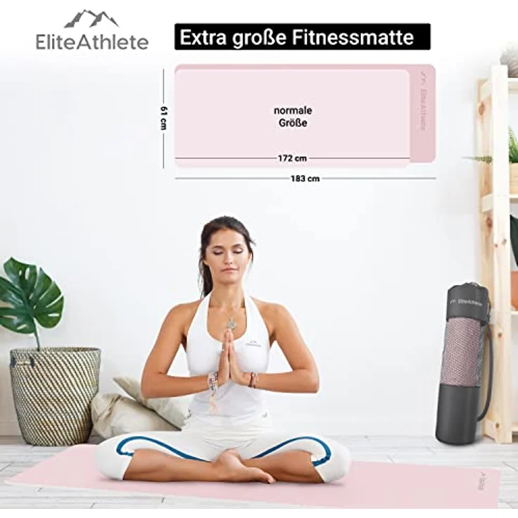 EliteAthlete Yogamatte - Sportmatte - Fitnessmatte - Gymnastikmatte gepolstert & rutschfest für Fitness, Pilates - Yoga Matte - 183 cm x 61 cm x 0.6 cm - Trainingsmatte inkl. Transportgurt + Tasche – Bild 3