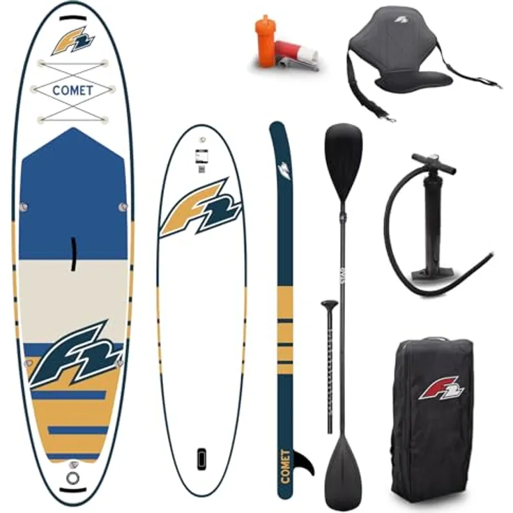 F2 Comet SUP, 11’6" aufblasbares Stand Up Paddle Board in Weiß mit Kajak Zubehör Paket, inklusive Kajakpaddel und gepolstertem Sitz