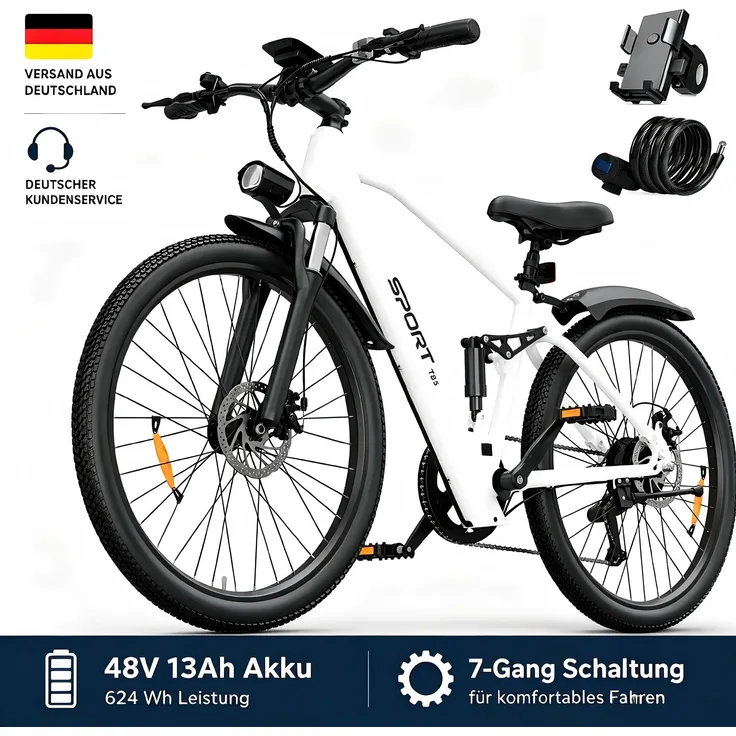 PiXELPiLOT T8S E-Bike, Trekking E-Bike mit doppelter Federung, 250W Pedelec, 48V 13Ah Akku, Shimano 7-Gang, LED-Licht, LCD Display