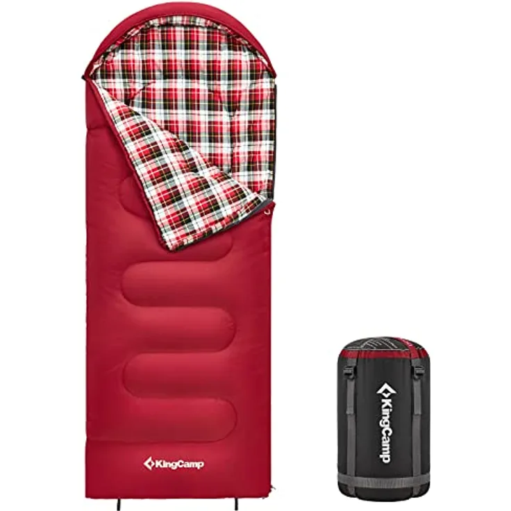 KingCamp Cloud 300, Kinderschlafsack XL für Kinder, breiter Winter-Decken Schlafsack aus Baumwolle, rot, 3-Jahreszeiten, koppelbar, inkl. Kompressionspacksack