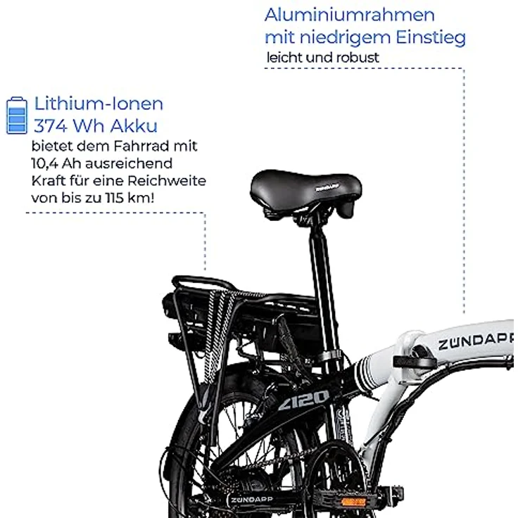 ZÜNDAPP Z120 20 Zoll E Bike Faltrad klappbar Damen Herren Elektrofahrrad Schwarz/Weiß, 7-Gang-Schaltung, StVZO-konform – Bild 5