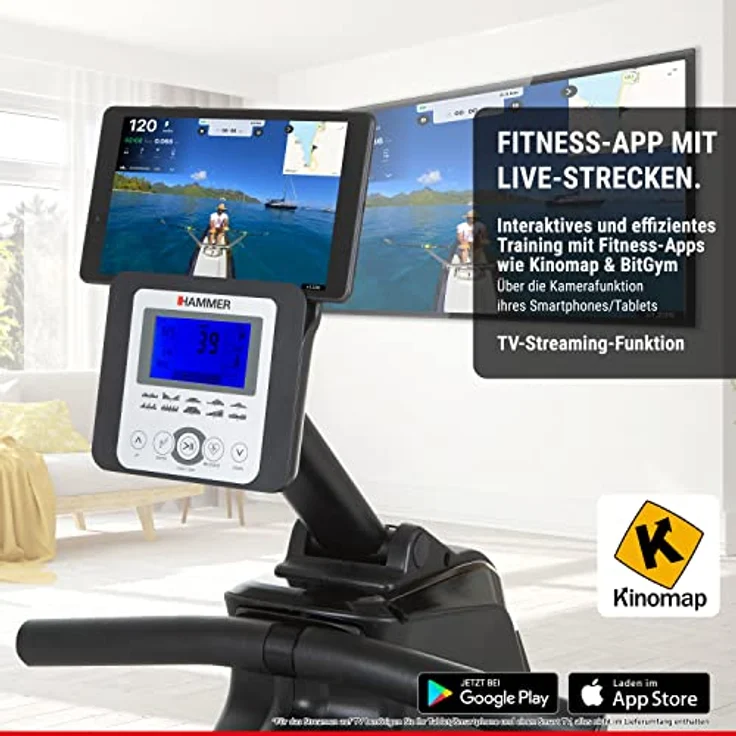 HAMMER Rudergerät Cobra XTR Plus II für zu Hause – Rudermaschine mit innovativem Trainingscomputer, Smartphone-/Tablethalterung, bis 130 kg Nutzergewicht, 232 x 55 x 75 cm, Schwarz, 4532 – Bild 4