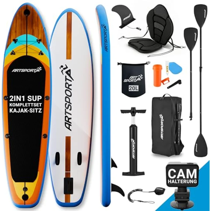 ARTSPORT® Stand Up Paddling Board Set Beach Rocker, aufblasbar 320 cm, mit Kajaksitz, Action-Cam Halterung, Zubehör und 150 kg Tragkraft – Bild 1