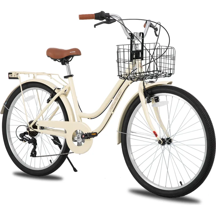 Hiland 26 Zoll Step-Through Citybike, 7 Gang Pendler Fahrrad für Männer und Frauen mit Gepäckträger, Korb und Fender