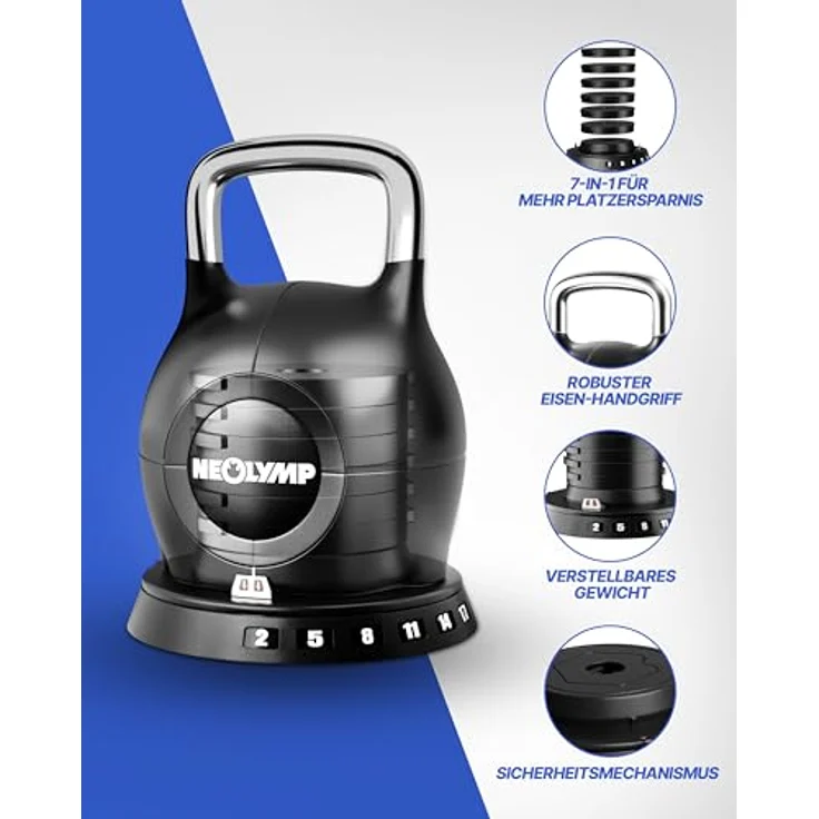 NEOLYMP 7-in-1 Kettlebell Set 1,5-20 kg, verstellbare Kugelhantel mit robustem Edelstahl-Handgriff und Sicherheitsmechanismus – Bild 5