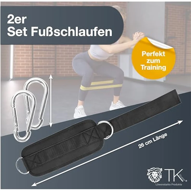 2er Fußschlaufen Set - schwarz mit Karabiner & Klettverschluss - justierbarer Footstrap für Fitness - Training - Sport - Fussmanschetten für Kabelzug für Frauen – Bild 2