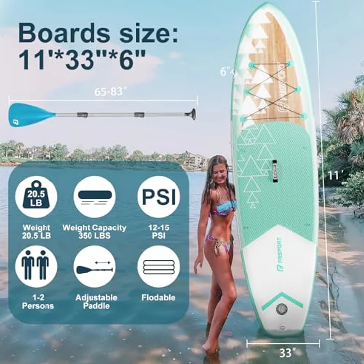 FBSPORT Aufblasbares SUP Board, Stand Up Paddling Board mit 15CM Dicke, verstellbarem Aluminium SUP Paddel + Pumpe, ideal für Yoga und Surfen, Light Brown – Bild 2