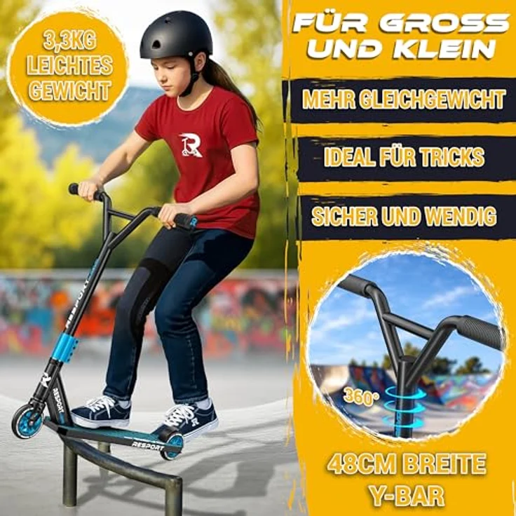 RE:SPORT® Stunt Scooter REVO, Profi Stuntroller für Kinder & Erwachsene mit Ständer, 100mm Polyurethanräder, Y-Bar, ABEC 9 Kugellager, Tretroller Trickroller – Bild 6