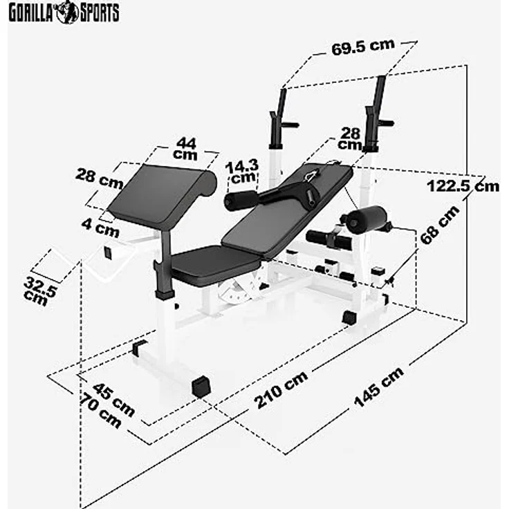 GORILLA SPORTS Kraftstation inkl. Hantelset 100kg, Latzug, Weiß/Schwarz - Multifunktion Hantelbank – Bild 5