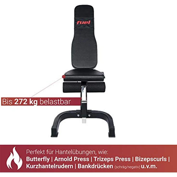 FUEL Fitness HB200 Multifunktions-Hantelbank, 4-in-1 Hantelbank: Flachbank, Schrägbank, Negativbank und Bauchtrainer-Bank, bis 272kg belastbar, Sitzpolster und Rückenlehne mehrfach verstellbar – Bild 4