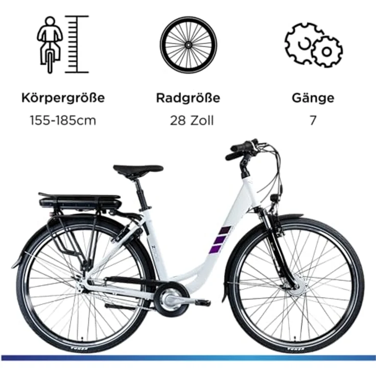 Zündapp Z502 City E-Bike, 28 Zoll, 7-Gang, 522 Wh, Vorderradmotor, weiß/lila – Bild 4