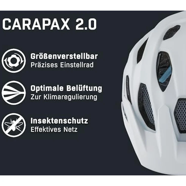 ALPINA Carapax 2.0 Fahrradhelm, leicht, stabil, komfortabel, mit Fliegennetz, antibakteriellen Polstern, White Pebble Blue matt, 57-62 cm – Bild 2