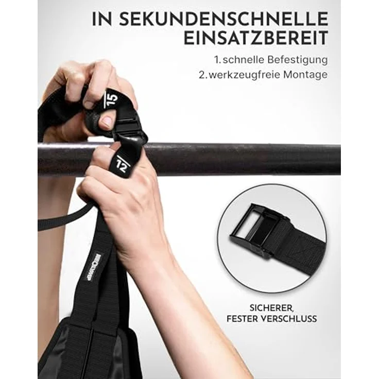 NEOLYMP Bauchtrainer Bauchmuskelschlaufen, gepolstert mit Edelstahl-Haken, höhenverstellbar bis 250 kg belastbar, inkl. 2x Armschlaufen und Nylon-Tragetasche – Bild 4