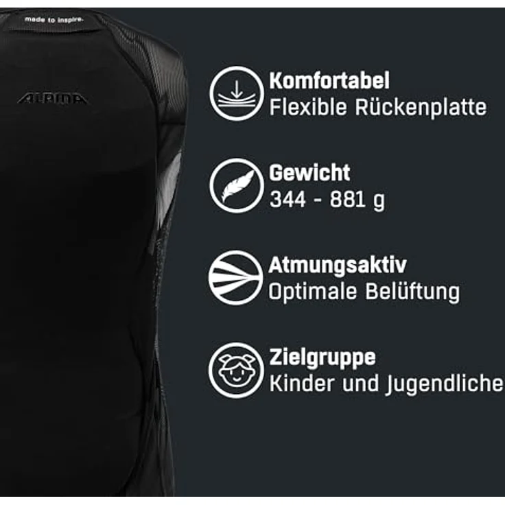 ALPINA PROSHIELD JUNIOR Vest, Flexibler & Atmungsaktiver Rückenprotektor für Kinder mit individuellem Sitz, Schwarz, Größe 152 – Bild 3