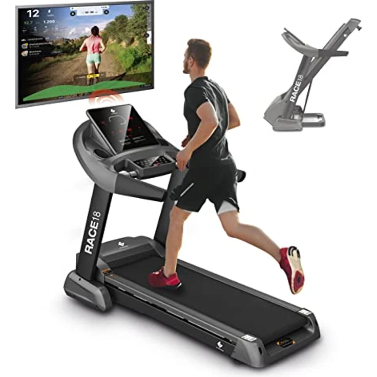 FitEngine Laufband RACE18 | Profi Laufband extra leise 8 Zonen Dämpfung | bis 150 kg Traglast | 15% automatische Steigung, Klappbar | 7 PS bis zu 18 km/h | großes Display, Lautsprecher & Bluetooth - Preisvergleich – Bild 1