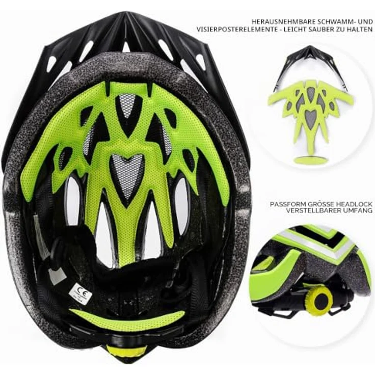 meteor Fahrradhelm M 55-58 cm, Black/Green, mit LUFTDURCHLASS-System und FLIEGENNETZ-Schutz, optimal für Herren, Damen und Kinder – Bild 3