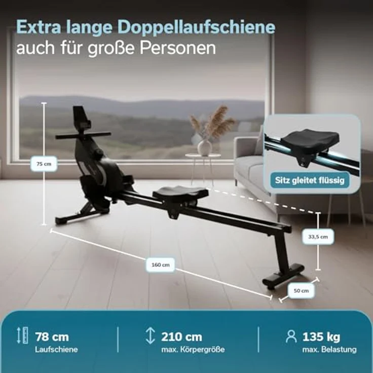 Skandika Rudergerät Venn P5-M, LCD-Computer, 16 Widerstandsstufen, Bluetooth-fähig, bis 135 kg Nutzergewicht – Bild 2