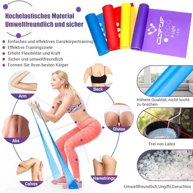 COFOF Fitnessbänder 4er-Set, 1,8m Gymnastikband mit 4 Widerstandsstufen, Tragetasche & Übungsanleitung, ideal für Yoga und Pilates (Lila, Gelb, Rot, Blau) – Bild 4