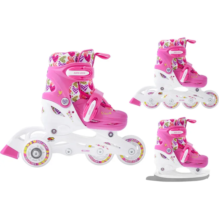 SMJ Rollschuhe 3in1 Combo Hearts, verstellbar für Größe 30-33 mit LED-Beleuchtung