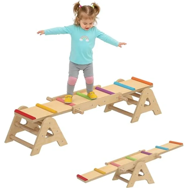 AIYAPLAY 2 In 1 Balance Wippe, Schwebebalken aus Holz, stabile Kinderwippe für drinnen und draußen, fördert Gleichgewicht und Koordination, 133 x 38 x 24 cm