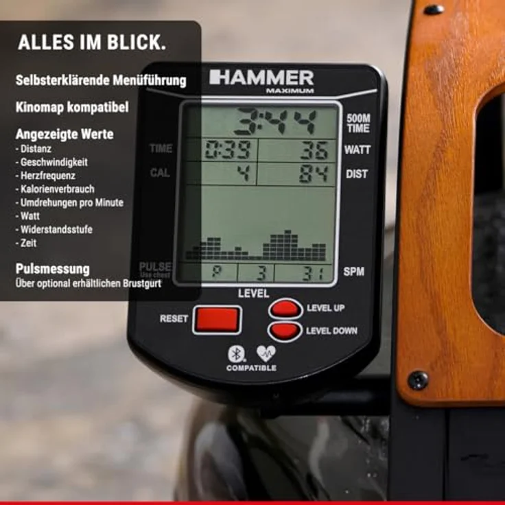 HAMMER Aquon Water Flow PRO, klappbares Wasser Rudergerät mit 5 Widerstandsstufen, Kinomap-kompatibel und edler Holzästhetik – Bild 4