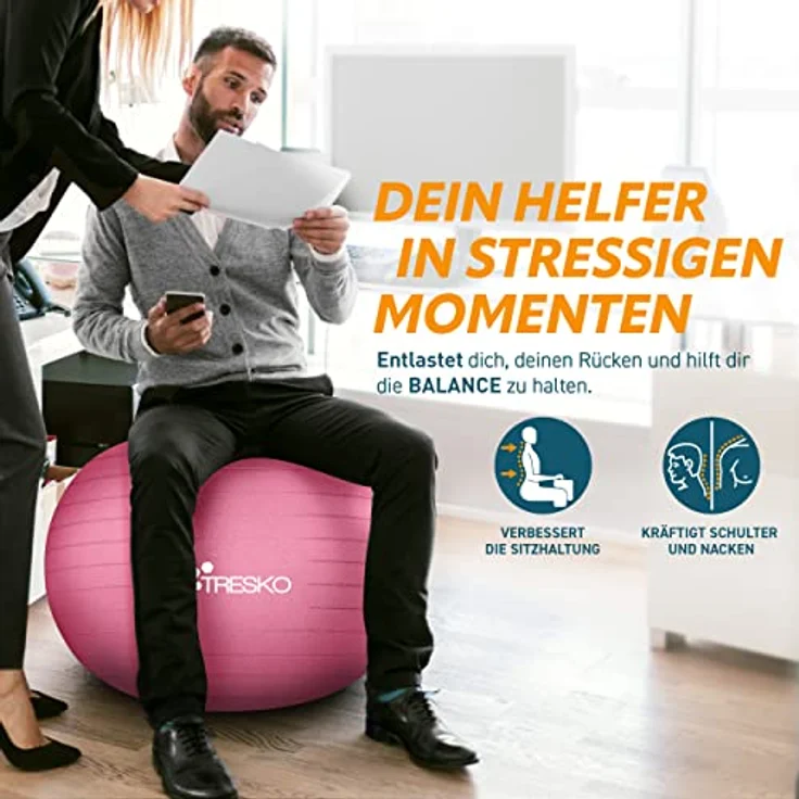 TRESKO Gymnastikball mit GRATIS Übungsposter inkl. Luftpumpe - Yogaball BPA-Frei | Sitzball Büro | Anti-Burst | 300 kg,Rosa,55cm (für Körpergröße unter 155cm) – Bild 3