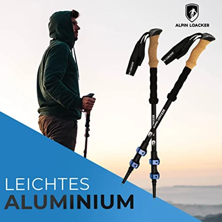 ALPIN LOACKER Teleskop Wanderstöcke Aluminium mit Korkgriff, ultraleichte Nordic Walking Stöcke für Skifahren und Wandern, verstellbar von 105 bis 135 cm, blau – Bild 2